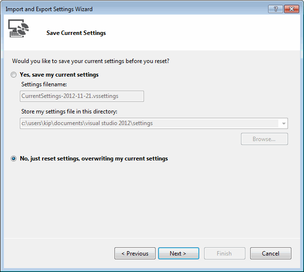 Save current settings window